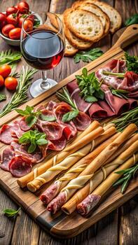 Delicious charcuterie board with wine and bread sticks photo