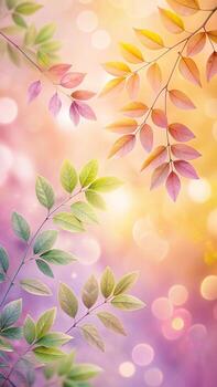 Soft focus autumn leaves with golden sunlight and bokeh lights photo