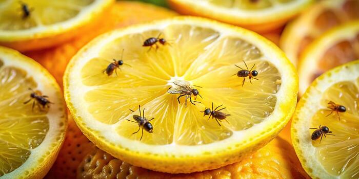 Fruit flies swarm on a juicy lemon slice in a close up shot photo
