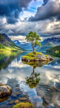 Lone tree on a small island in a serene lake with dramatic clouds photo