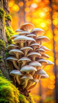 Cluster of pale mushrooms growing on a mossy tree trunk in autumn forest photo