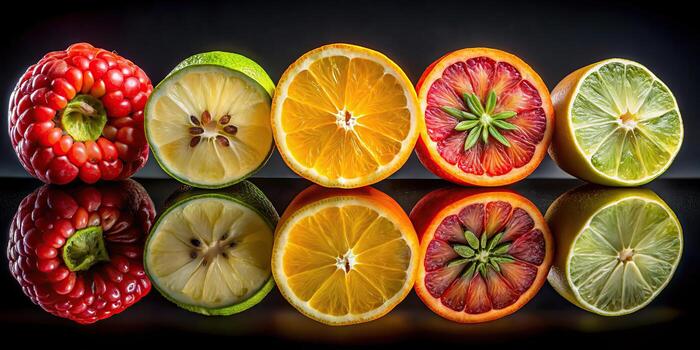 Assortment of fresh citrus fruits and red pepper sliced in half photo