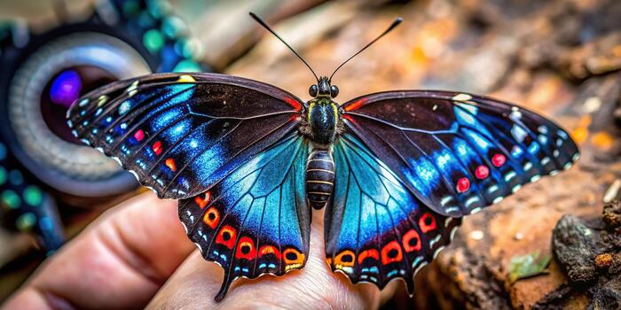 Beautiful blue butterfly with intricate wing patterns on a person s hand photo