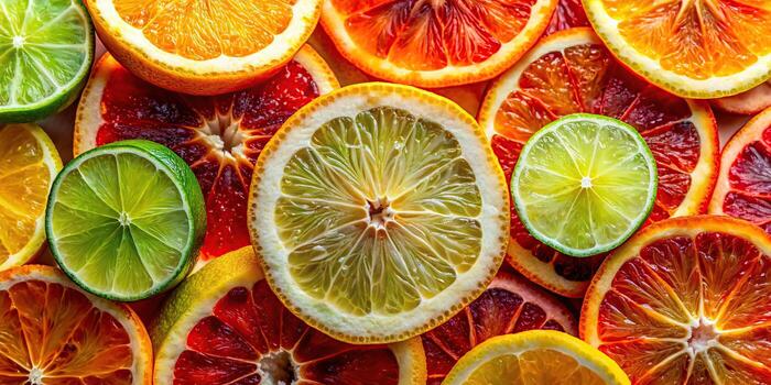 Vibrant assortment of fresh citrus fruit slices top view photo