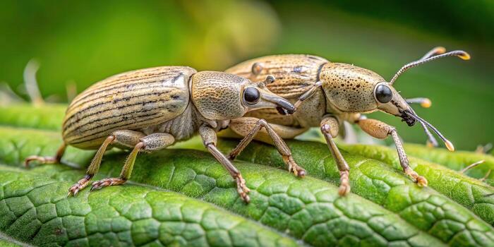 dos gorgojos apareamiento en un texturizado verde hoja en macro fotografía foto
