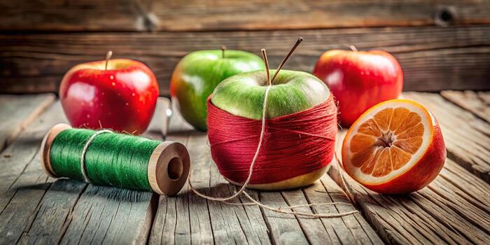 Fresco manzanas y naranja rebanada con carrete de hilo en rústico madera foto