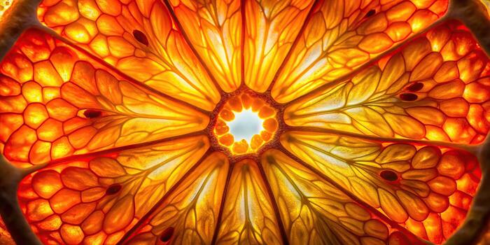 Close up macro view of a vibrant orange slice illuminated from behind photo