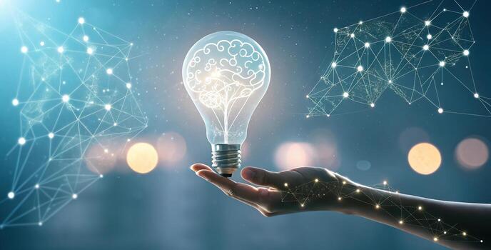 Hand holding light bulb with brain and network for innovation and technology. photo