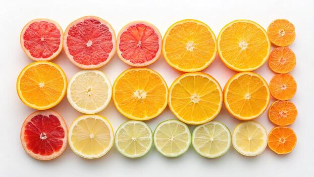 Colorful citrus fruit slices arranged on isolated on white background. photo