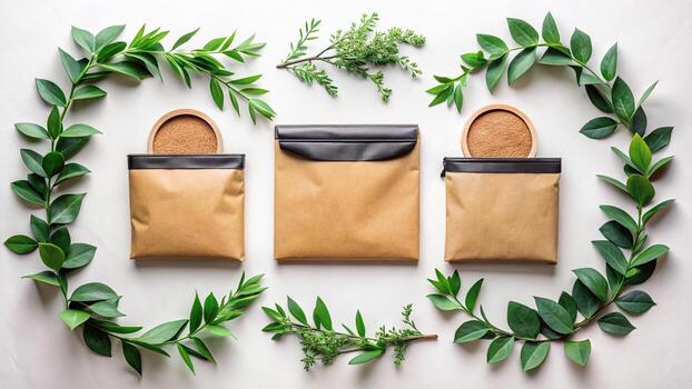 Zero waste containers with green leaves around photo