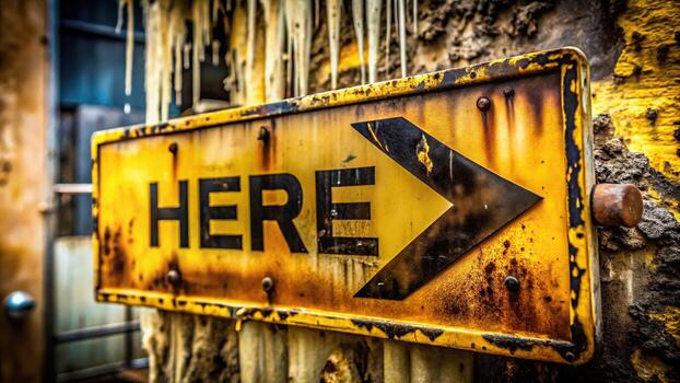 Rusty sign with the word here and an arrow photo