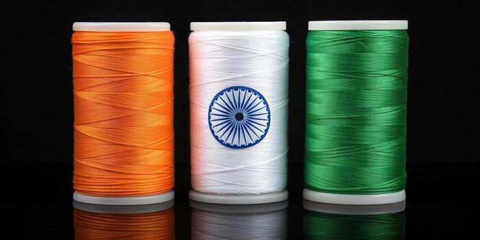 Saffron, white, and green thread spools photo