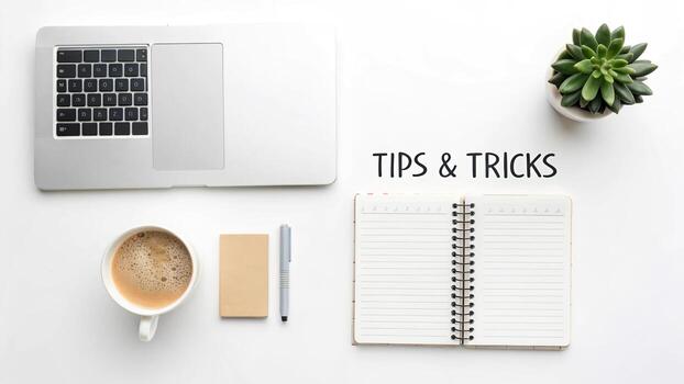 Tips and tricks on a white office desk setup photo