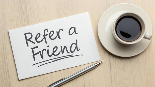 Refer a friend message with coffee on the table photo