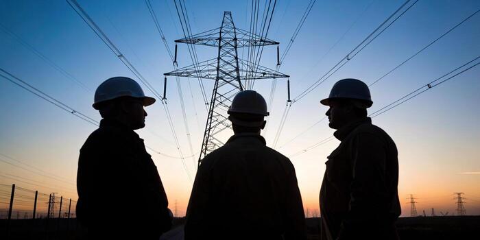 Engineers inspecting high voltage power lines photo