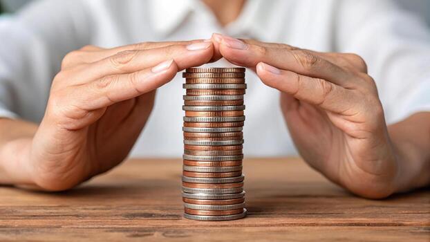apilar de monedas protegido por humano manos foto