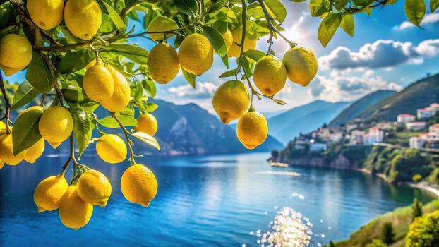 limón árbol rama con lago y montaña ver foto