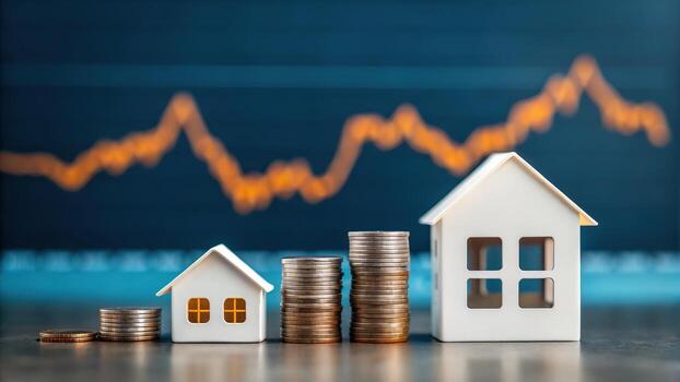 House model and stack of coins on the table photo