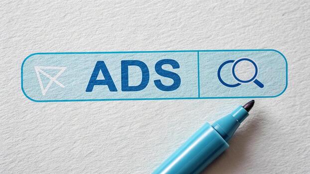 Blue search bar with ads and a blue marker photo