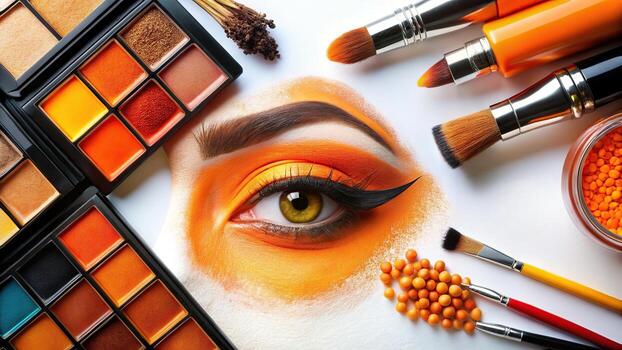 Eye makeup with eyeshadow and brushes on white photo