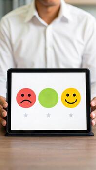 Man shows tablet with customer feedback emoticons photo
