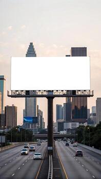 Blank billboard with city skyline in background photo