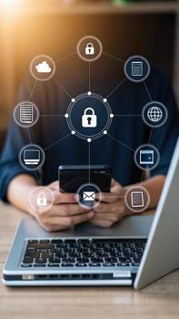 Businessman using smartphone with security network photo