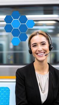 Smiling woman with headset in front of hexagon pattern photo