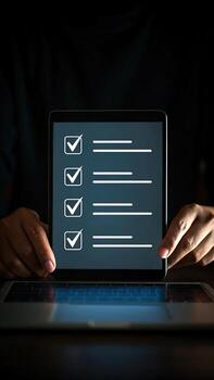 Man using tablet to complete tasks and check list photo