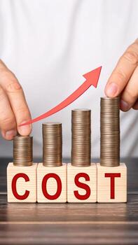 Cost increase concept with coins and arrow on blocks photo