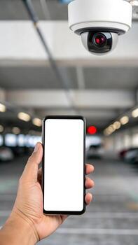 Hand holding smartphone with security camera in background photo