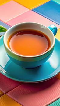 Cup of tea on colorful tile background photo