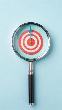 Magnifying glass focusing on a target on blue background photo