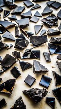Broken black tile pieces on a white surface photo
