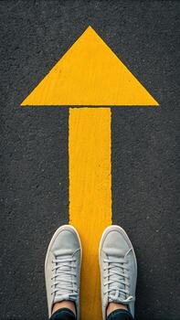 Yellow arrow pointing forward with shoes on asphalt photo