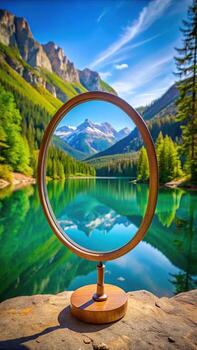 Lake view through a mirror in the mountains photo