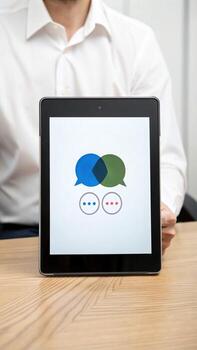 Man holding tablet showing question and answer icon photo