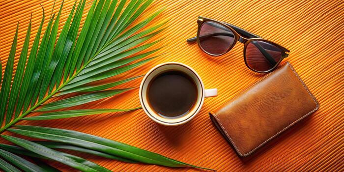 Coffee break with sunglasses and wallet on orange photo