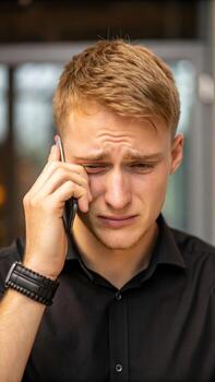 Sad man crying while talking on the phone photo