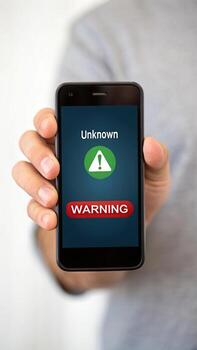 Man holding smartphone showing unknown warning message photo