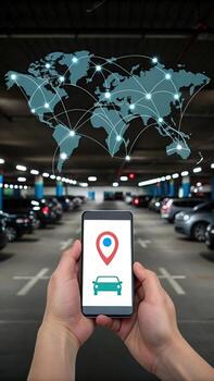 Man using car sharing app in an underground parking photo