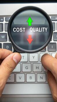 Magnifying glass focusing on cost and quality photo