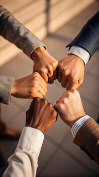 Diverse team members join hands in unity and support photo