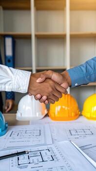 Architects shaking hands over construction blueprint photo