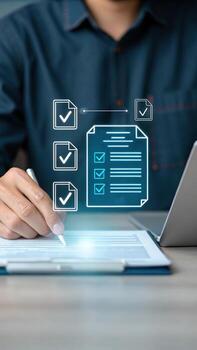 Person signing document with checklist icons photo