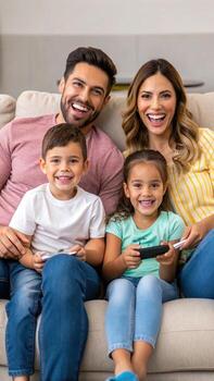 Happy family playing game on the sofa photo