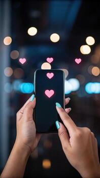 Hand holding phone with heart icon on screen photo