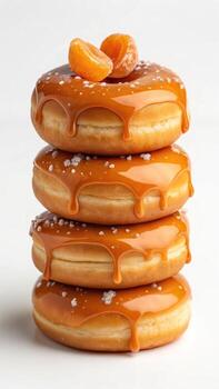 Stack of delicious caramel donuts with orange garnish photo