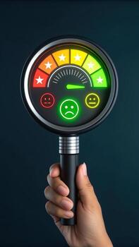 Customer satisfaction meter with happy and sad faces photo