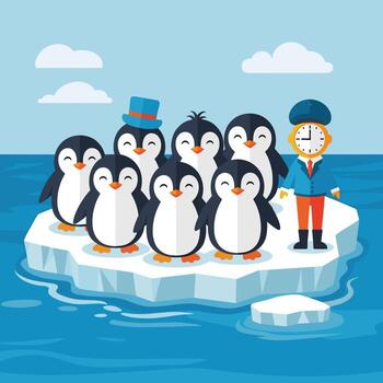 pingüinos en un iceberg con un hombre en pie en frente de ellos vector